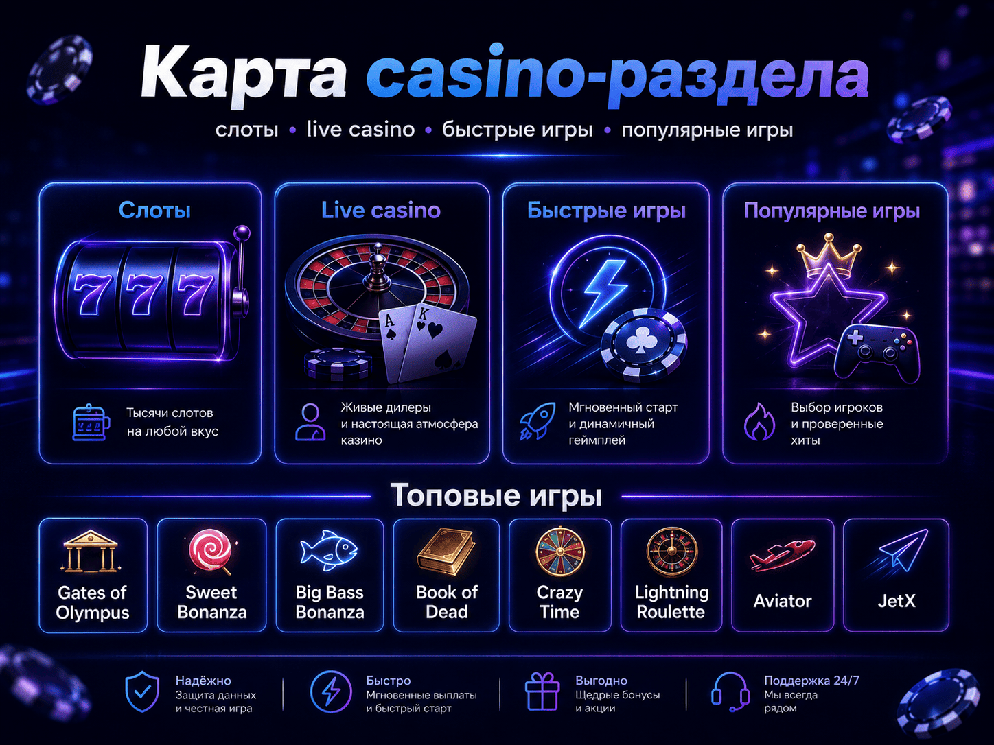 Карта casino-раздела 1win слоты live casino быстрые игры и популярные игры